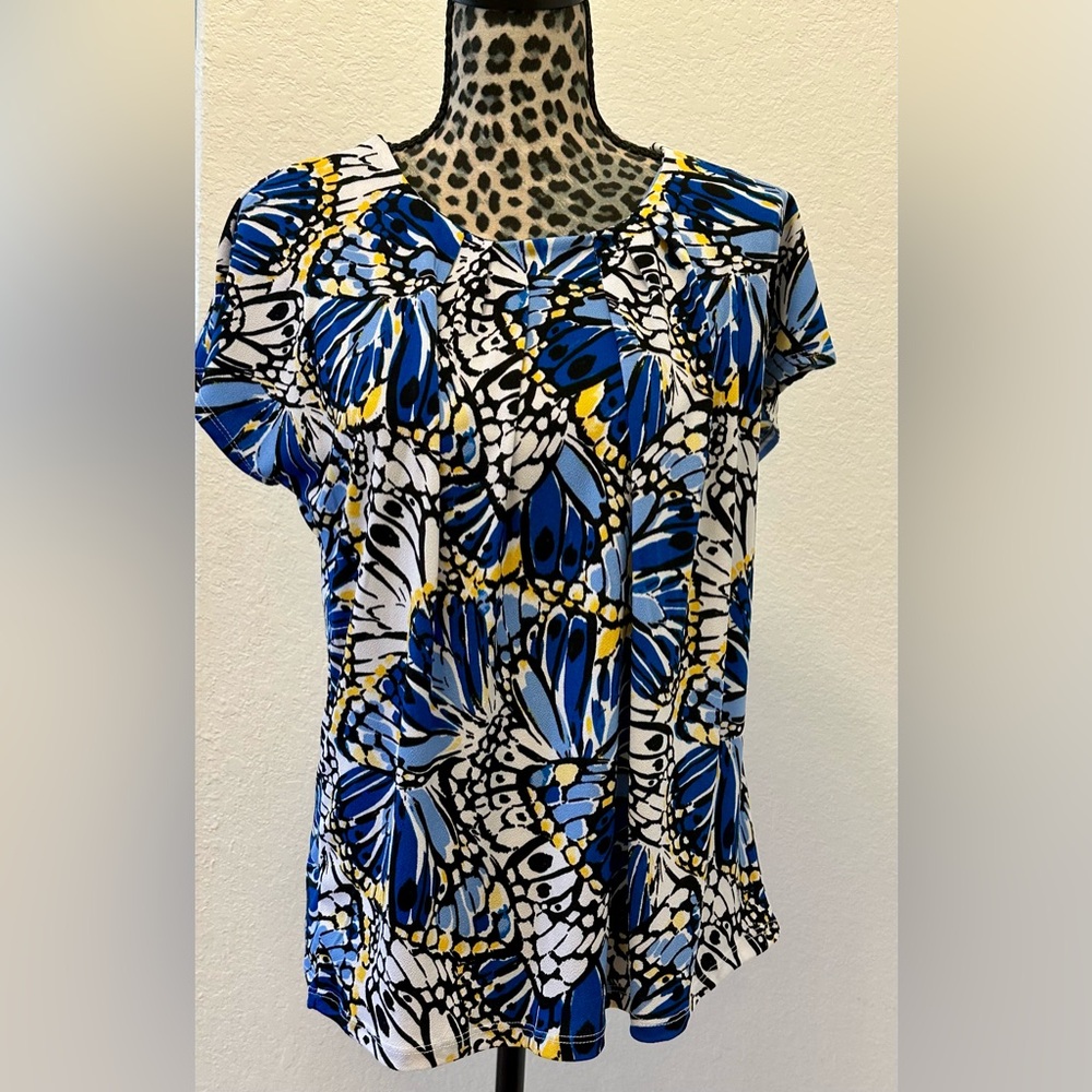 Adrienne Vittadini Blue and White Butterfly Print Blouse
